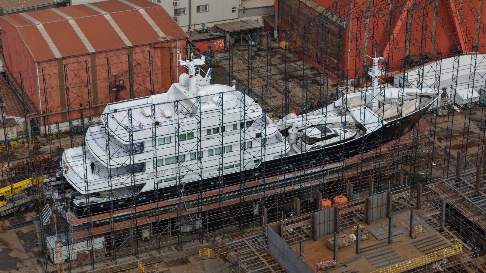 Grand Rusalina under scaffolding in the yard at Tuzla during her refit